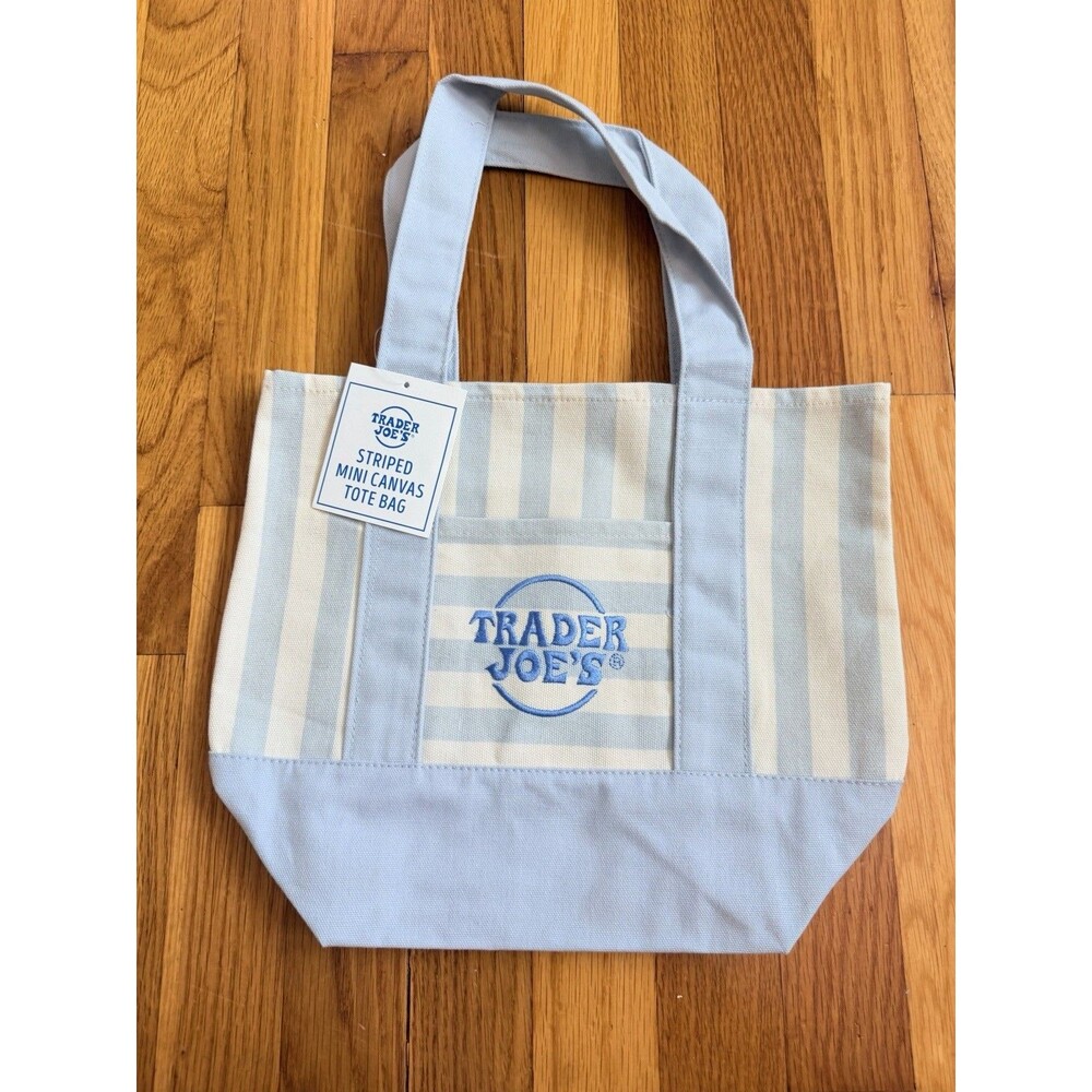 Trader Joe's Striped Mini Canvas Tote Bag - Light Blue/Cream NWT - Picture 2 of 8